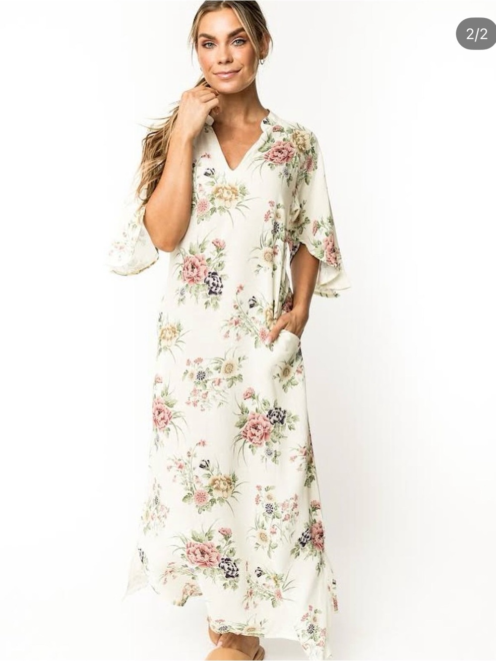 Ivory Floral V-Neck Maxi dress or cover up with pockets